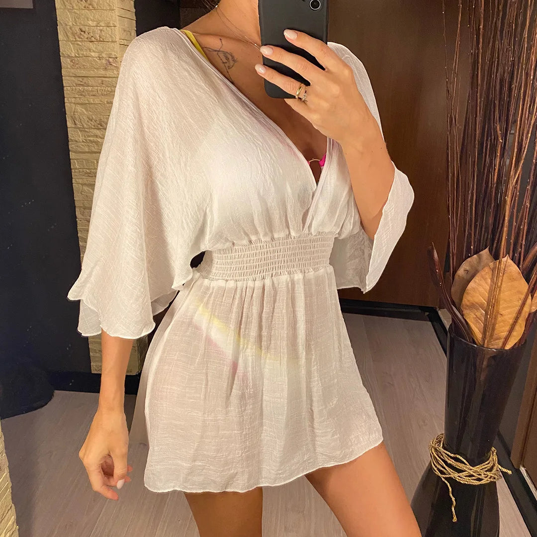 New Sexy V Neck Long Sleeve Backless Chiffon Tunic Beach Cover Up Beach Cover-ups Beach Dress Beach Wear Beachwear V3840