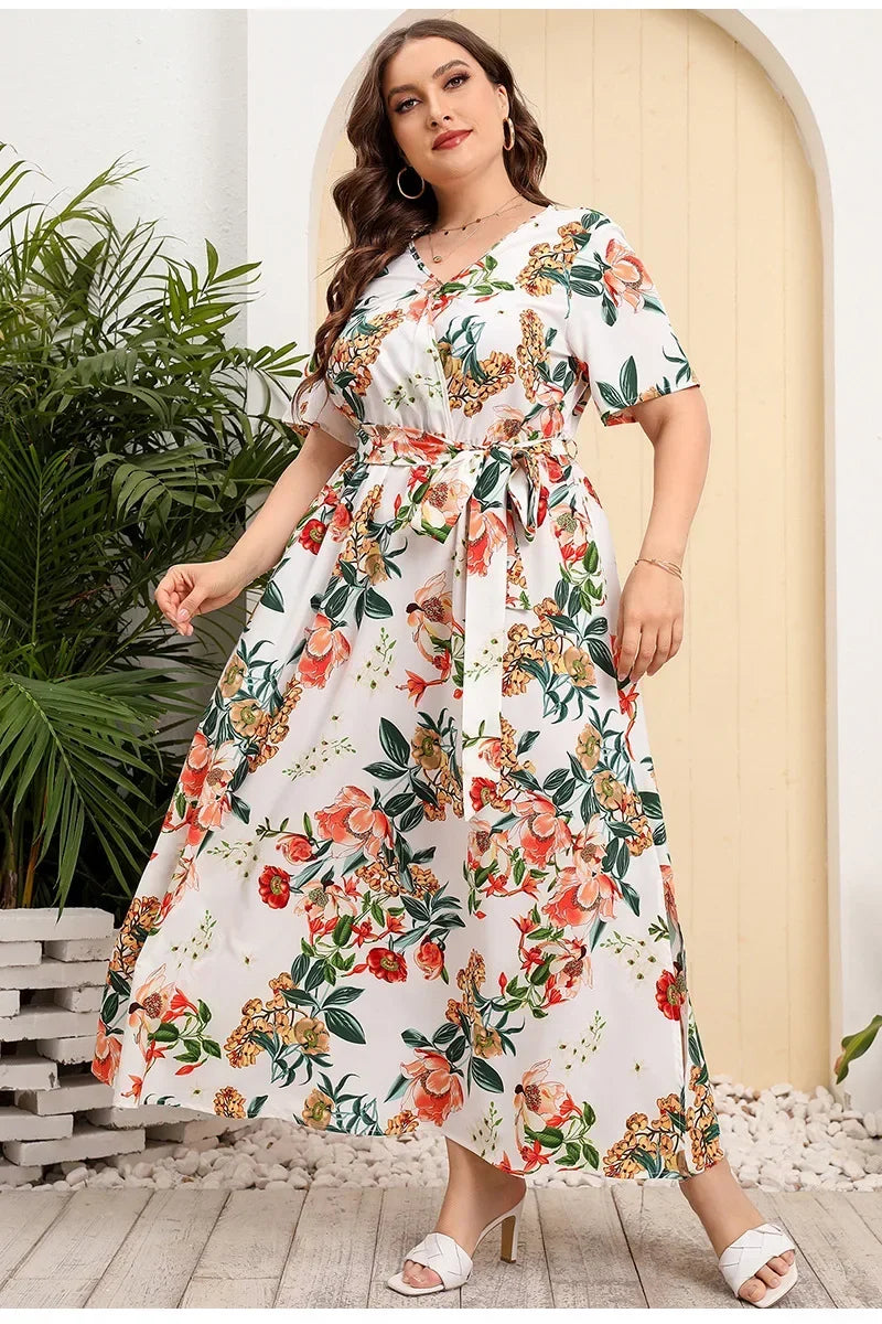 plus size New best-selling oversized loose V-neck dress for women with elastic waist  short sleeved printed long skirt