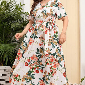 plus size New best-selling oversized loose V-neck dress for women with elastic waist  short sleeved printed long skirt