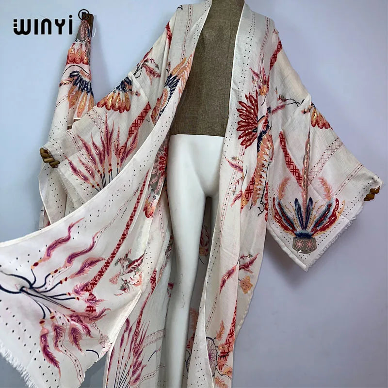 WINYI Bohemian bronzing print Bikini Cover-ups Elegant Self Belted Kimono Dress Women Summer holiday Dress Beach Wear Cover up