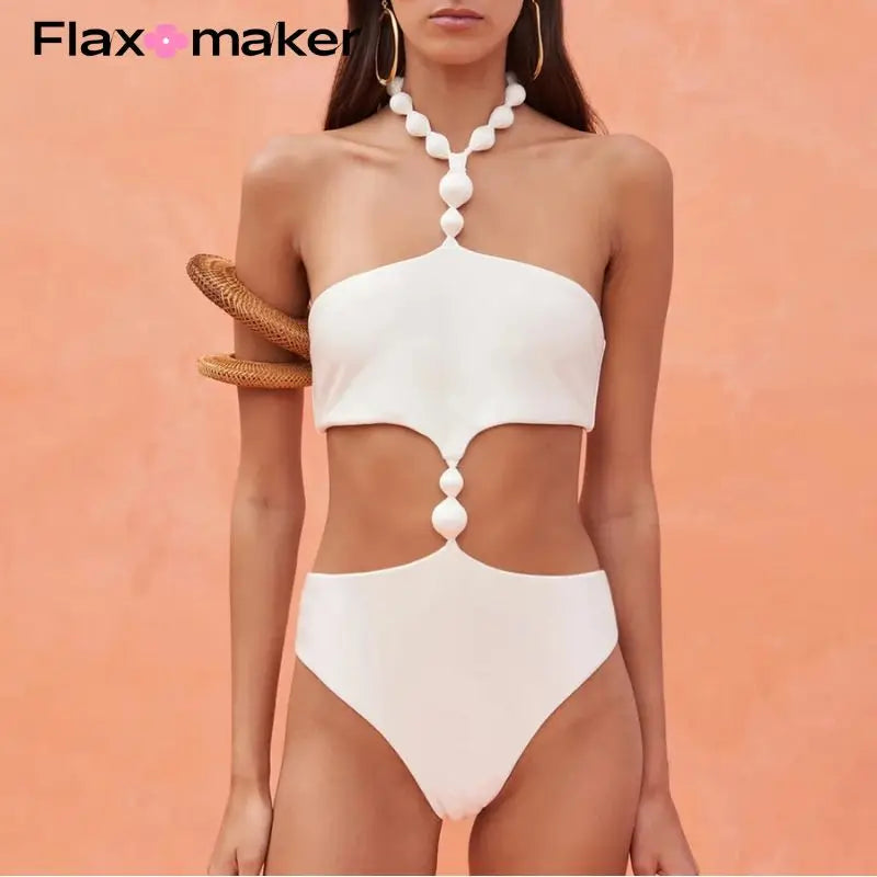 FLAXMAKER 2024 Cutout Ring Shoulder One Piece Swimsuit and Skirt  Swimwear Set Women Beachwear Flaxmaker Clearance Wholesale