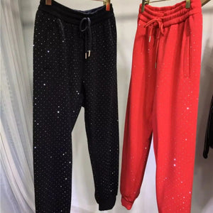 Plus Size L-4XL 150KG Women's Fleece Sweatpants 2024 New Red Diamond Stamping Harem Pants Autumn/winter Casual Female Trousers