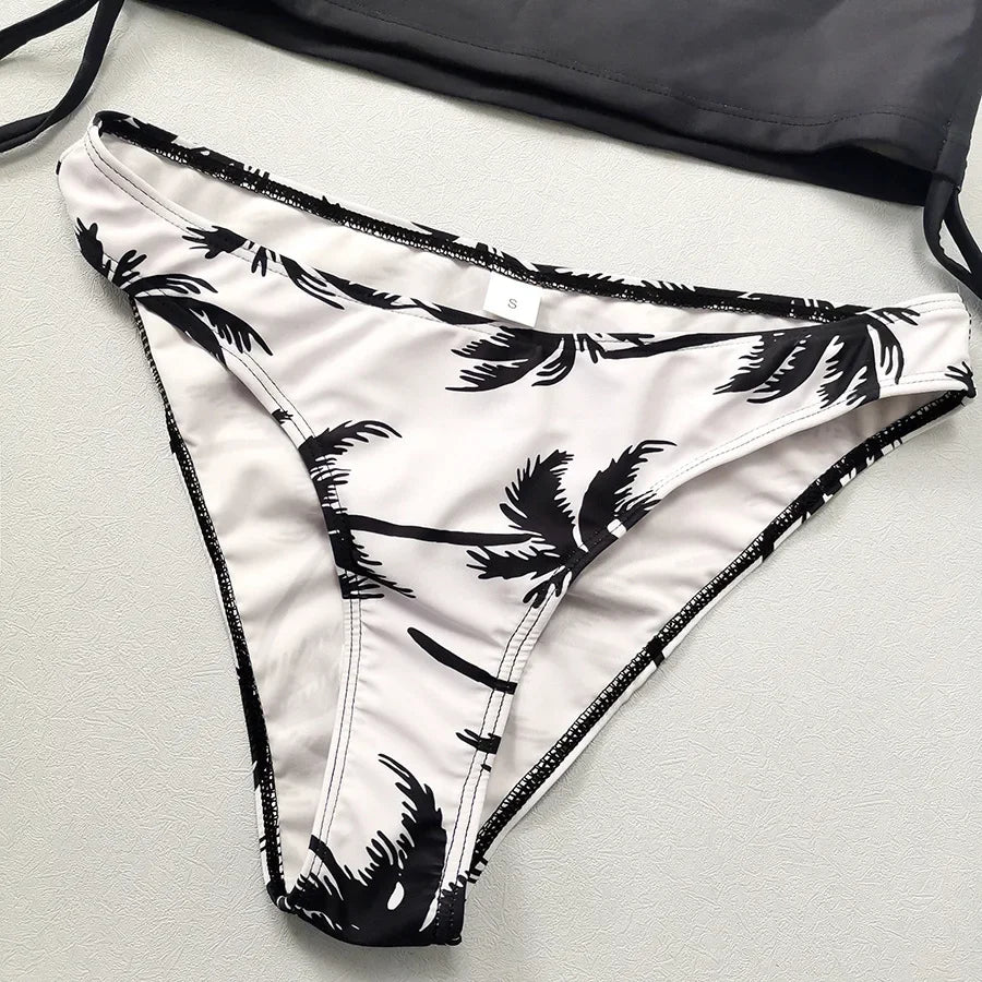 Women 2 Pieces Swimsuit Coconut Tree Print Swimwear Sexy Halter Lace-Up Swimwear Drawstring Bikini Top Push Up Beachwear Tankini