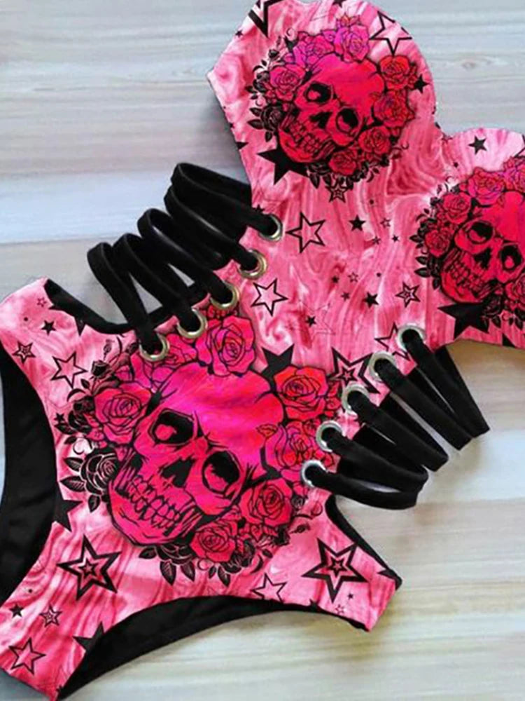 Plus Size Sexy Bikini  One Piece Swimsuit Hollow Out Skull Print Strapless Summer Closed Push Up Women's Swimming Bathing Suits