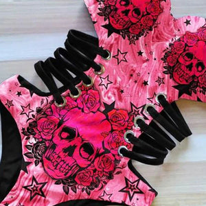 Plus Size Sexy Bikini  One Piece Swimsuit Hollow Out Skull Print Strapless Summer Closed Push Up Women's Swimming Bathing Suits