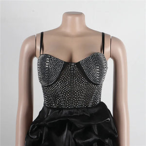 New Women Summer Strap Mesh Patchwork Diamonds Sexy Party Ball Gown Dresses 2023 Fashion Rhinestone Night Club Cake Dress White