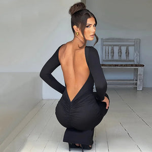 Autumn Winter Sexy Backless Bodycon Ruched Evening Party Maxi Long Dress Outfit for Women Long Sleeve Black Club Dresses Vestido