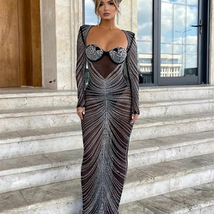 Mozision Glitter Mesh See Through Party Maxi Dress For Women Fashion Full Sleeve Bodycon Sexy Club Long Evening Dress Vestido