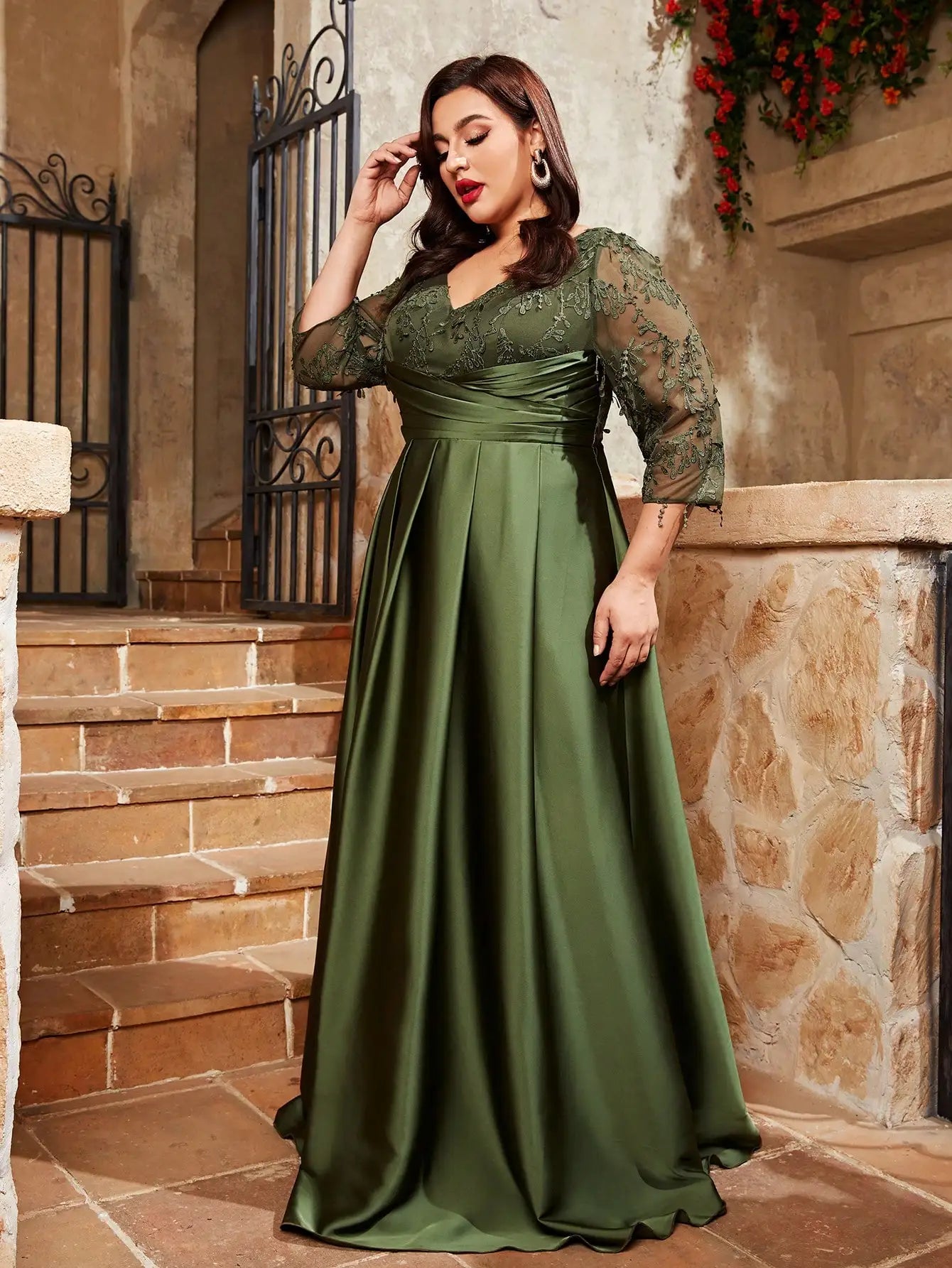 Mgiacy  plus size V-neck lace embroidery Mosaic satin cloth hand-folded long skirt Evening gown ball dress Party dress