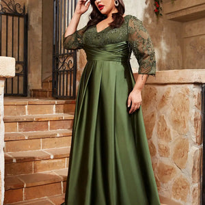 Mgiacy  plus size V-neck lace embroidery Mosaic satin cloth hand-folded long skirt Evening gown ball dress Party dress