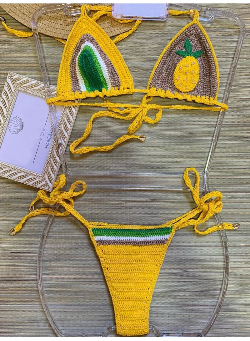 2024 Crochet Handmade Bikini Sets Sexy String Brazil Bathing Suit Swimsuit  Swimwear Boho Beachwear For Women Vacation Outfit