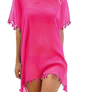 Summer Chiffon Tassels Beach Dress Women Swimwear Bikini Cover Up Female Mini Loose Solid Pareo Tops Swimsuit