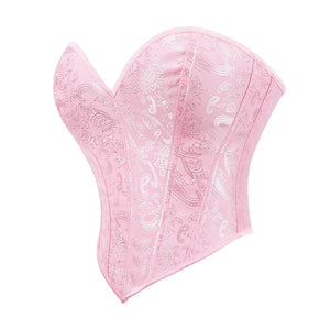 Short Torso Pink Lace Up Corsets Crop Top Plastic Boned Overbust Brocade Slim Body Shaper Women Sexy Lingerie