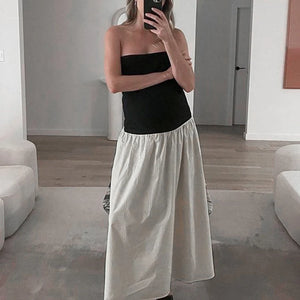 Tossy Patchwork Strapless Sleeveless Dress Women's Contrast Color A-Line High Waist Long Party Dress Fashion Outfits Female New