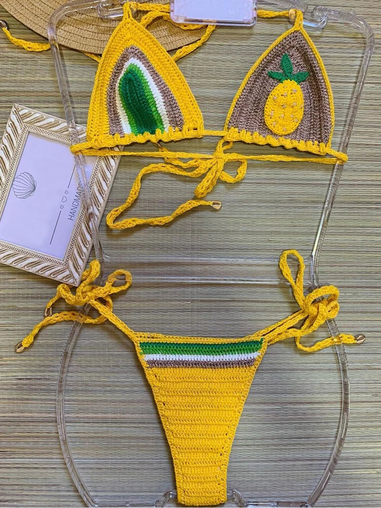 2024 Crochet Handmade Bikini Sets Sexy String Brazil Bathing Suit Swimsuit  Swimwear Boho Beachwear For Women Vacation Outfit