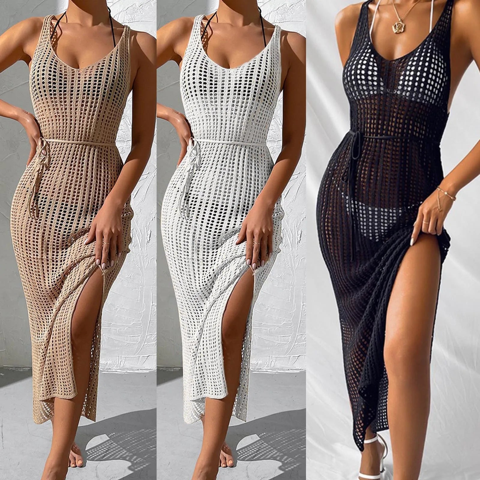 Summer Crochet Hollow Out Beach Dress Womens Swimwear Loose Solid Pareo Sexy Split V Neck Backless Strap Vestidos Beach Cover Up