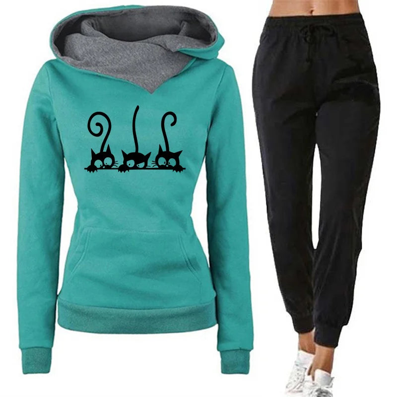 Women's Cute Cat Hooded Outfits Hoodies and Jogger Pants High Quality Ladies Daily Casual Sports Jogging Suit