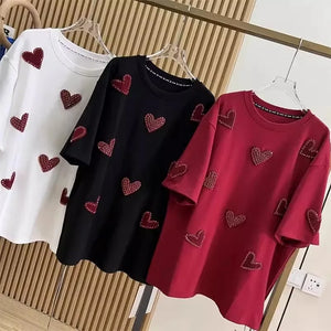 Plus Size 3D Love Towel Embroidery Women T-shirts 150kg XL-4XL Stamping Diamonds Female Tee 2024 Summer New Short Sleeve Top Y2k