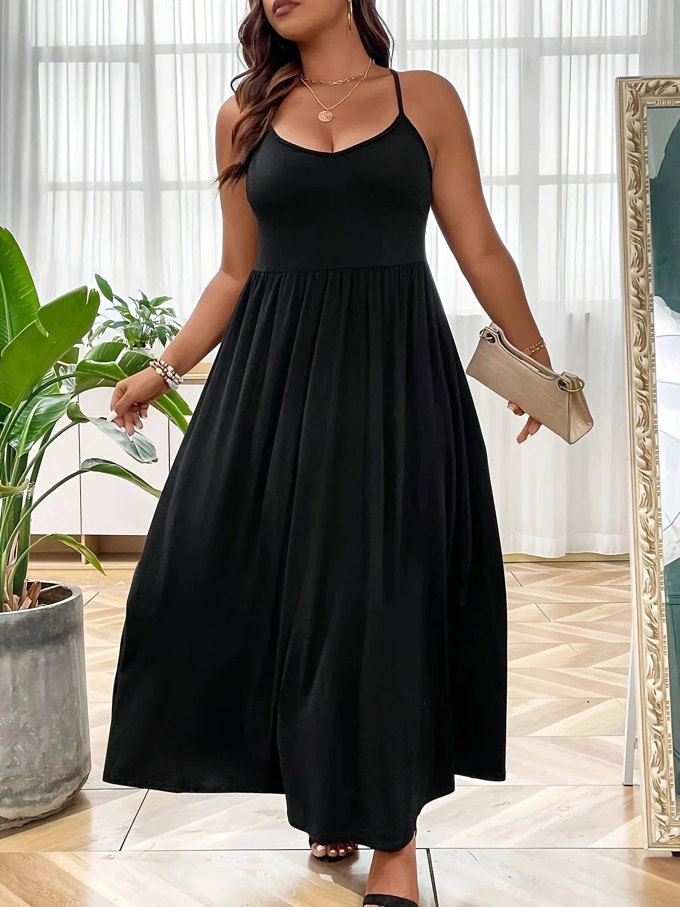 2024 AliExpress Europe and America Plus Size Women's Cross border Summer New Product V-neck Sling Solid Color Dress