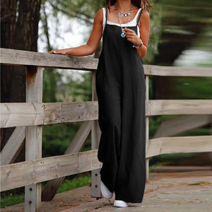 Plus Size L-5XL Solid Cotton Linen Wide Leg Pants Women New Jumpsuit Summer Casual Loose Sleeveless Pockets Bib Overalls Rompers