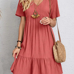 Vintage Solid Elegant Women Dress 2023 Summer Fashion Casual V-Neck High Waist A-Line Mini Dresses Lady Short Sleeve Party Dress