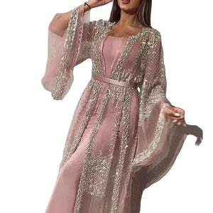 Women Fashion Party Evening Dresses Sexy Lace Maxi Long Dress High Waist Robe Summer Long Sleeve Elegant Abayas Deep V-neck Robe