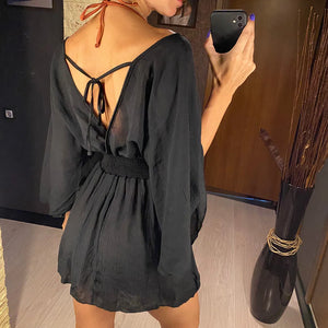 New Sexy V Neck Long Sleeve Backless Chiffon Tunic Beach Cover Up Beach Cover-ups Beach Dress Beach Wear Beachwear V3840