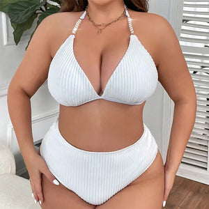 2024 Women Large Size Swimsuit Black White Pearls Strap Push Up High Waist Bikini Set Summer Beach Bathing Suit Swimwear Tankini