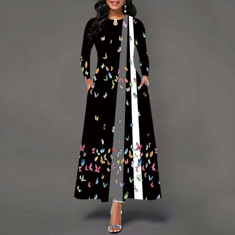 2023 Plus Size Autumn Winter Long Dress Women White Long Sleeve O-neck Pocket Elegant Dresses Casual Flowers Print Vintage Dress