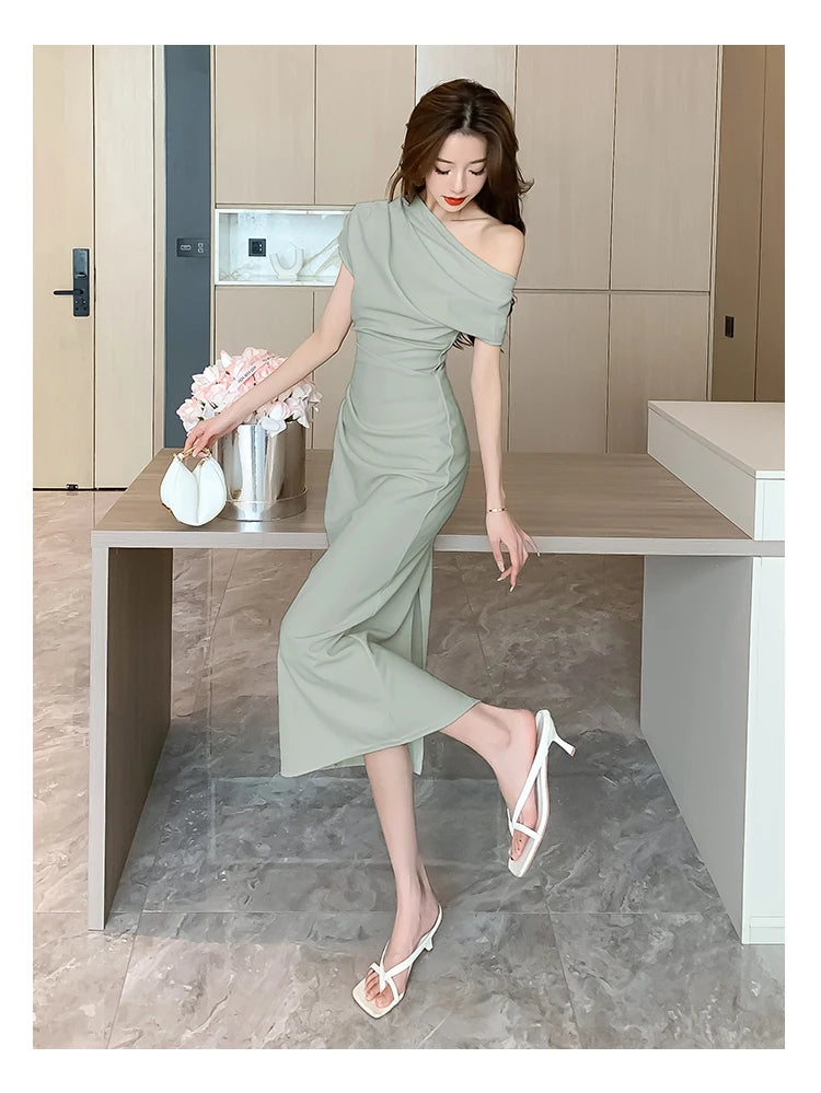 Elegant Off Shoulder Evening Party Dresses Women Summer Fashion Slim One Piece Solid Vestidos Korean Graduation Robe Clothing