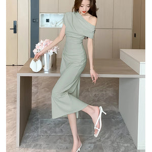 Elegant Off Shoulder Evening Party Dresses Women Summer Fashion Slim One Piece Solid Vestidos Korean Graduation Robe Clothing