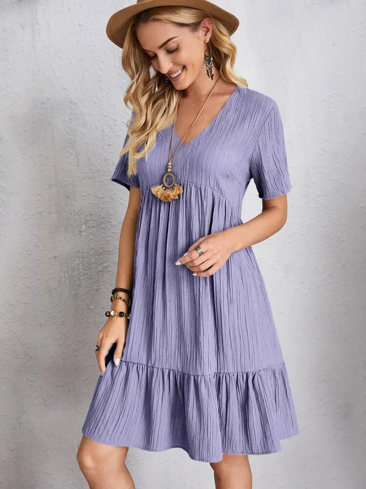 Vintage Solid Elegant Women Dress 2023 Summer Fashion Casual V-Neck High Waist A-Line Mini Dresses Lady Short Sleeve Party Dress