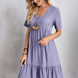 Vintage Solid Elegant Women Dress 2023 Summer Fashion Casual V-Neck High Waist A-Line Mini Dresses Lady Short Sleeve Party Dress