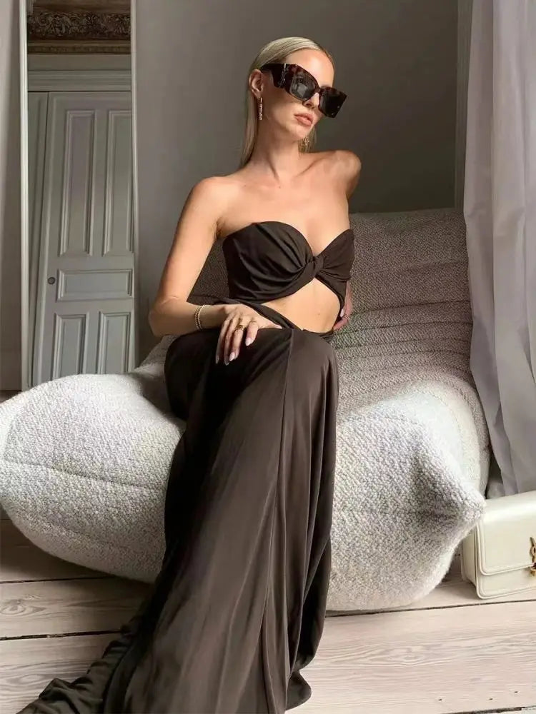 Black Party Long Dresses Sexy Strapless Evening Dress Brithday Party Outfits Elegant Gowns Fashion Hollow Out Female Clothes