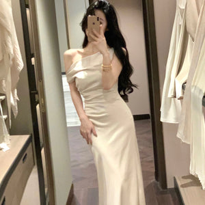 Women Elegant Solid Evening Party Dresses Summer Fashion Korean Graduation Formal Dress Off Shoulder Slim Vestidos Clothing