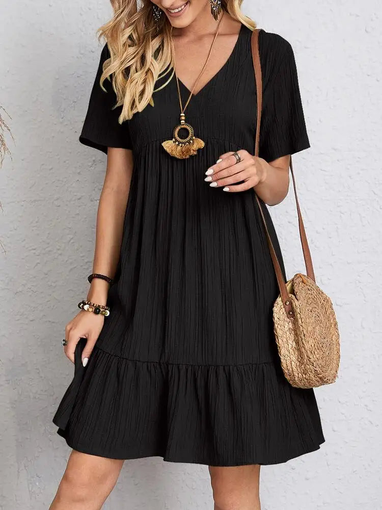 Vintage Solid Elegant Women Dress 2023 Summer Fashion Casual V-Neck High Waist A-Line Mini Dresses Lady Short Sleeve Party Dress