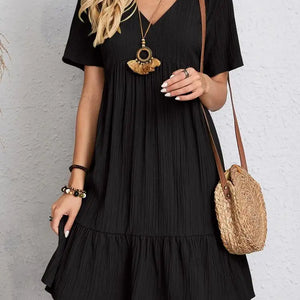 Vintage Solid Elegant Women Dress 2023 Summer Fashion Casual V-Neck High Waist A-Line Mini Dresses Lady Short Sleeve Party Dress