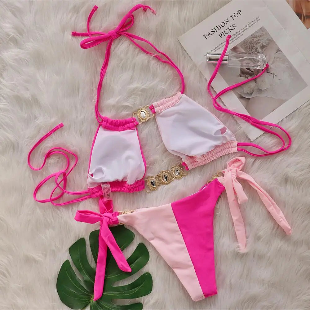 Pink Sexy Bikinis Swimsuit With Rhinestones Women Swimwear Female Push Up Bikini Beach Swim Wear Bathing Suits Pool Bather 2024