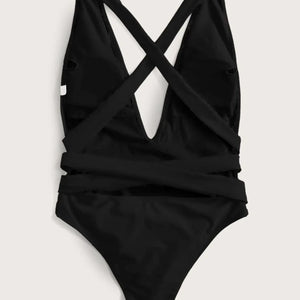 Sexy Solid One Piece Swimsuit Women Push Up Lace Up Bandage Bodysuit Brazilian Deep V Neck Backless Bathing Suit Swimwear