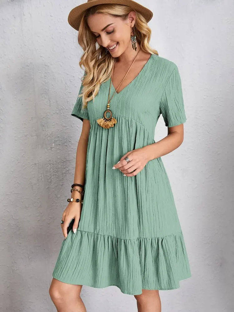 Vintage Solid Elegant Women Dress 2023 Summer Fashion Casual V-Neck High Waist A-Line Mini Dresses Lady Short Sleeve Party Dress