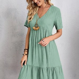 Vintage Solid Elegant Women Dress 2023 Summer Fashion Casual V-Neck High Waist A-Line Mini Dresses Lady Short Sleeve Party Dress