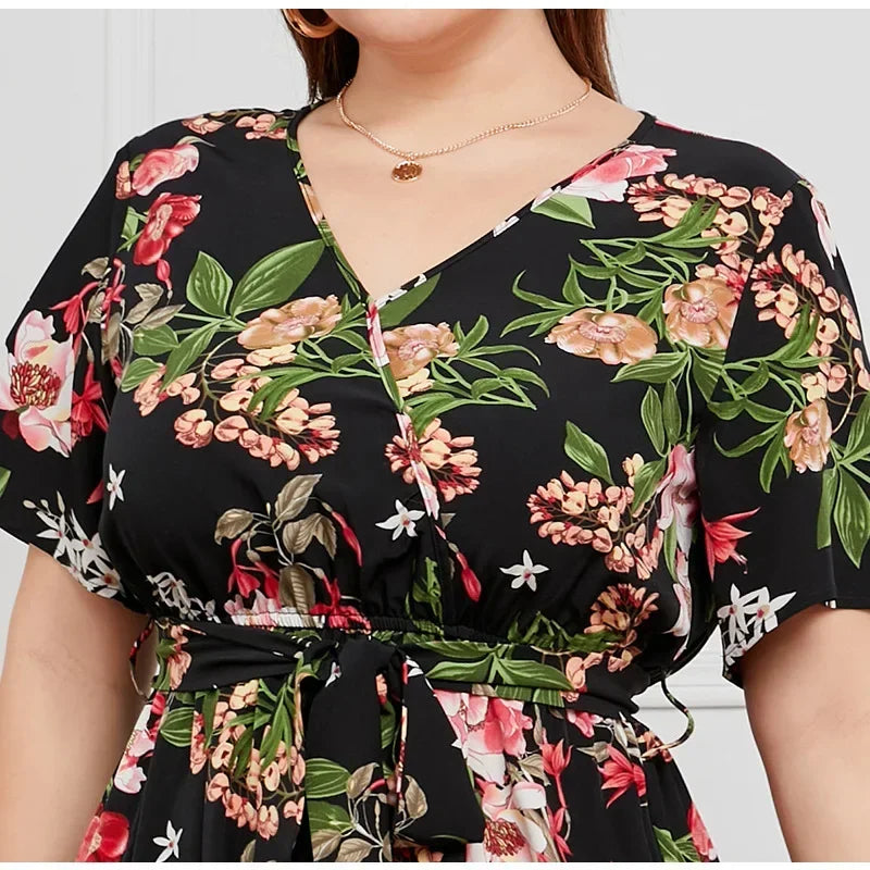 plus size New best-selling oversized loose V-neck dress for women with elastic waist  short sleeved printed long skirt