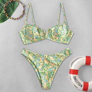 Flower Print High Cut V Neck Two Pieces Swimsuit Women Plus Size Swimwear Swimsuit Beachwear Swimwear Women Plus купальник