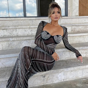 Mozision Glitter Mesh See Through Party Maxi Dress For Women Fashion Full Sleeve Bodycon Sexy Club Long Evening Dress Vestido