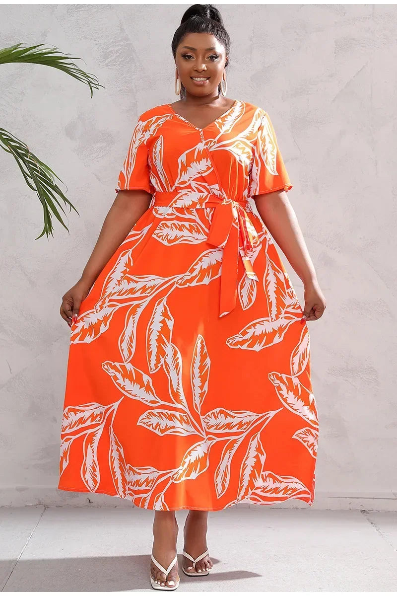 plus size New best-selling oversized loose V-neck dress for women with elastic waist  short sleeved printed long skirt