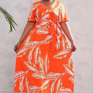 plus size New best-selling oversized loose V-neck dress for women with elastic waist  short sleeved printed long skirt