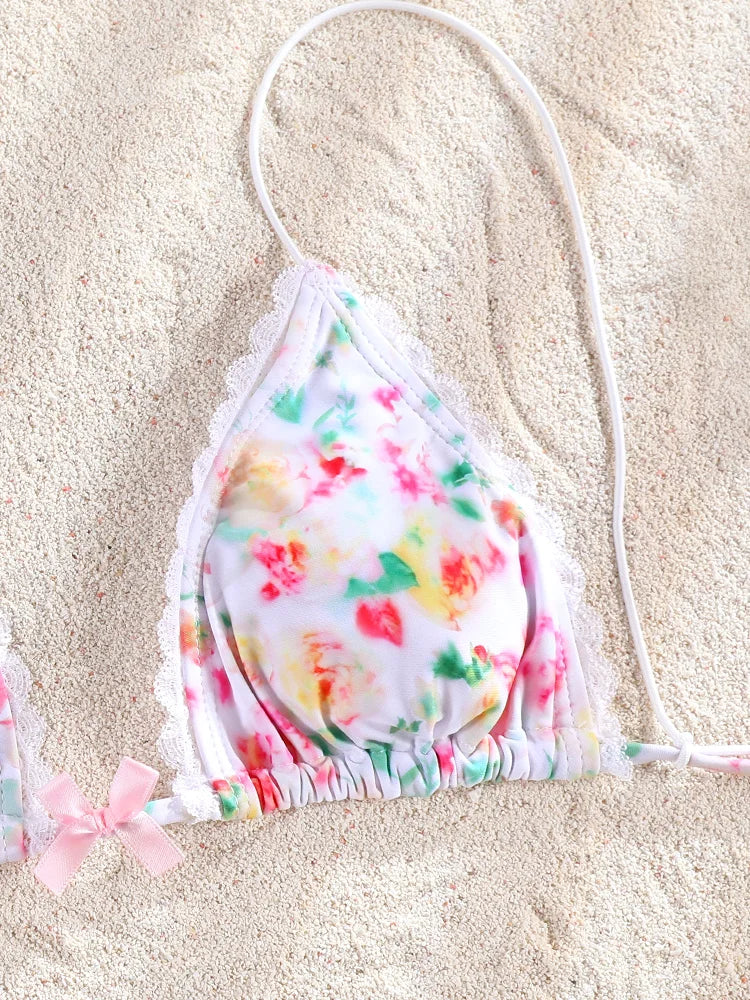 Patchwork Bikinis String Bikini Set Ruffles Side Swimwear Women Sexy Swimsuit Woman Halter Bathing Suits Two Piece Beachwear