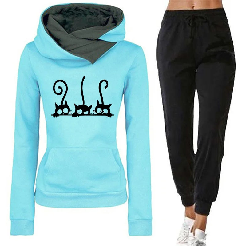 Women's Cute Cat Hooded Outfits Hoodies and Jogger Pants High Quality Ladies Daily Casual Sports Jogging Suit