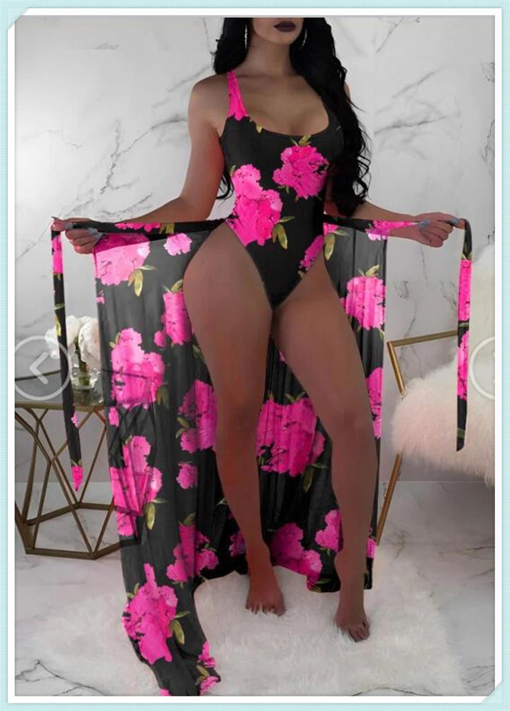 2 Piece Floral Print Bodysuit With Beach Skirt 2024 Women Padded Bikinis Swimwear Female Bathing Swimming Suit Summer Beachwear