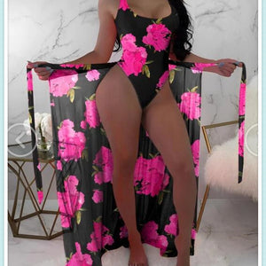 2 Piece Floral Print Bodysuit With Beach Skirt 2024 Women Padded Bikinis Swimwear Female Bathing Swimming Suit Summer Beachwear